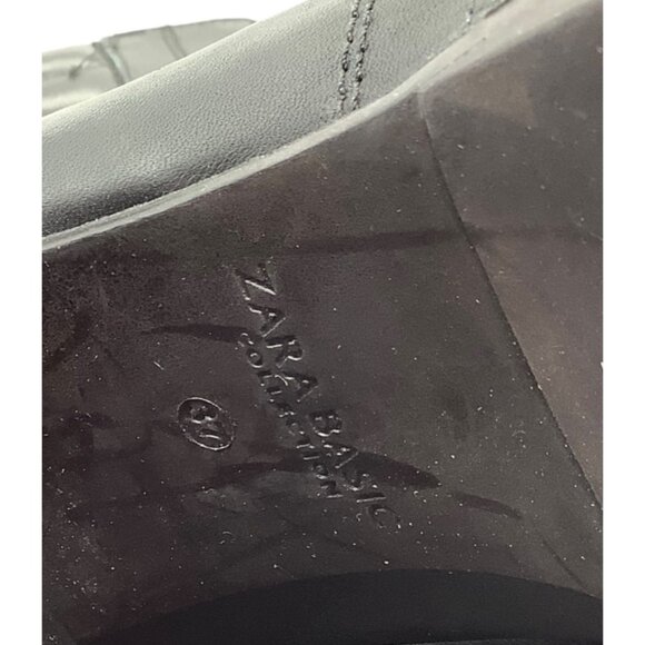 Zara Black Leather Chunky Heel Lace-Up Ankle Boots Side Zipper EU37 - Picture 7 of 8